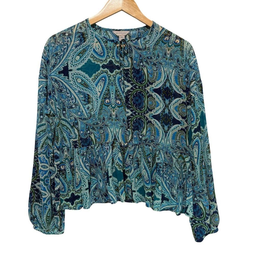Belle Sky Women Boho Peplum Top XS Blue Teal Paisley Tie Neck Sheer Whimsy‎ NEW